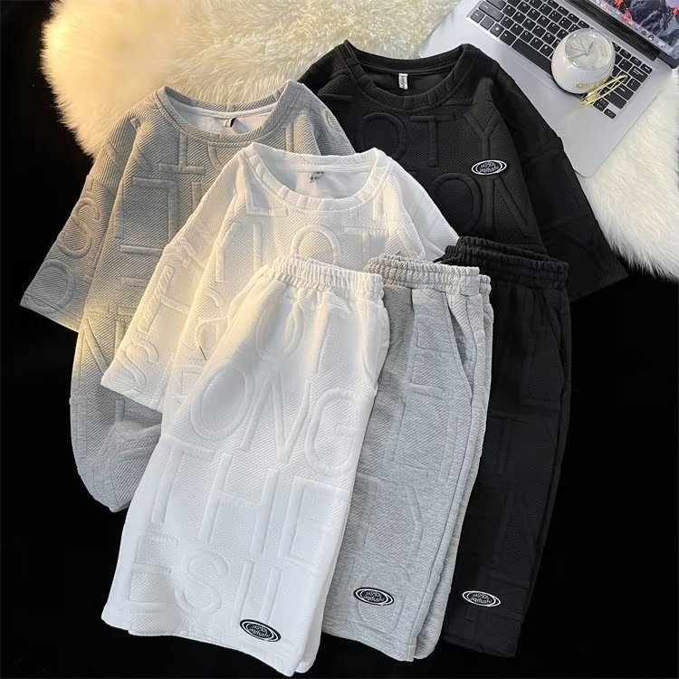 Herenkleding Zomerpak voor heren, trendy en veelzijdig, effen kleur, casual T-shirt met korte mouwen, wafeltop_voghion.com