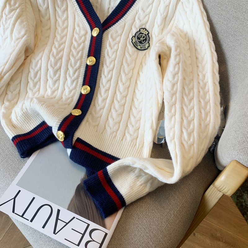 Cardigan in maglia color block con scollo a V di ispirazione vintage – Cappotto lungo in maglia a trecce per donna_voghion.com