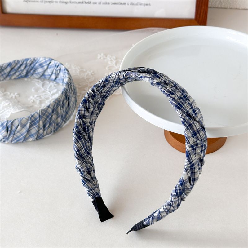 Fascia per capelli da donna in tessuto plissettato scozzese blu con motivo coreano, fasce per capelli larghe di alta qualità, eleganti fermagli per capelli_voghion.com