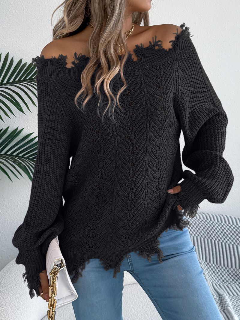 Solid Color Hollow Long-sleeved Cut Off-the-shoulder Pullover Sweater, Women's Clothing_voghion.com