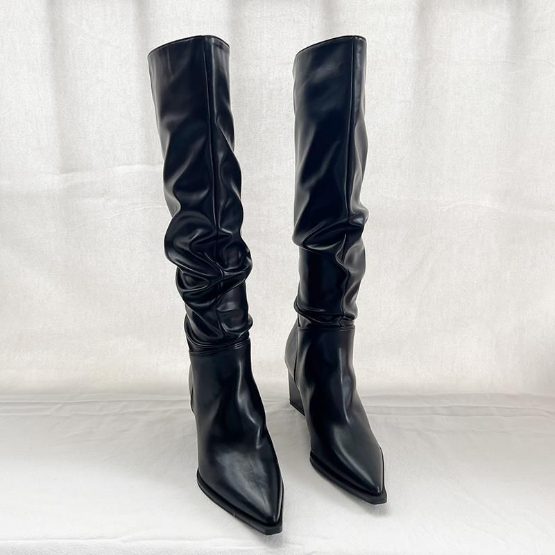 2023 Autumn Pointed Toe Chunky For Women Wrinkled Slip-On Riding High Heel Over-the-Knee Long Boots_voghion.com