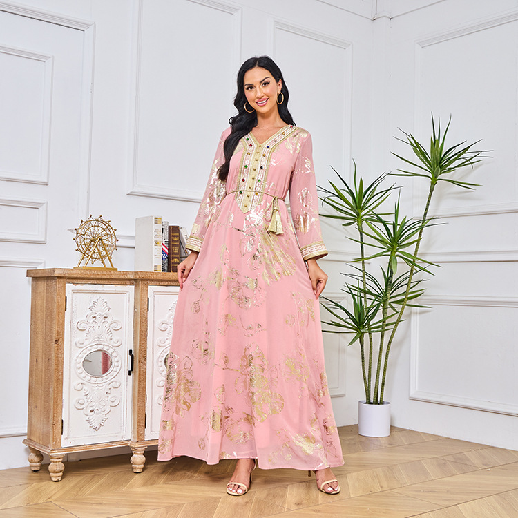 Mt085 Spring New Muslim Hot Stamped Fashion Robe With Belt Pink Dress_voghion.com
