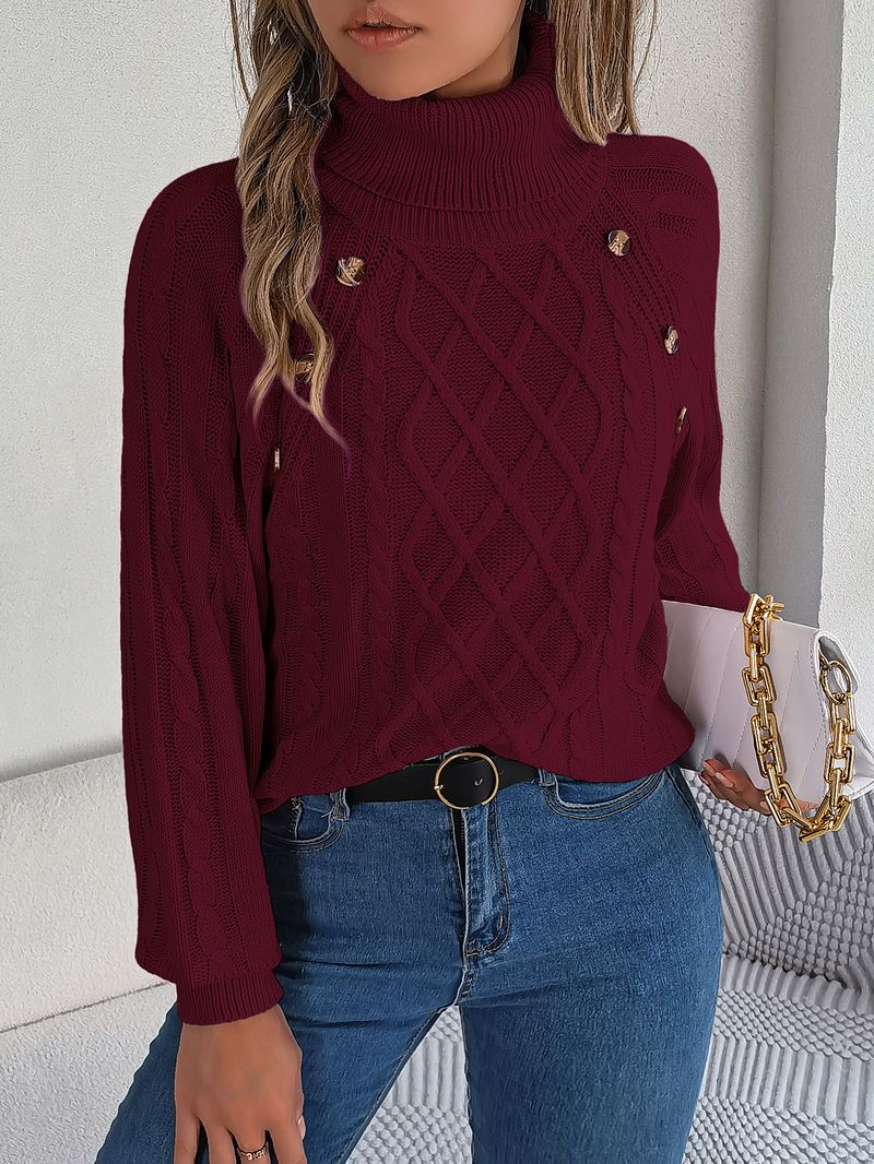 Maglione pullover da donna alla moda, con collo alto, maniche a lanterna, in maglia a trecce, casual, tinta unita, autunno inverno 2025_voghion.com