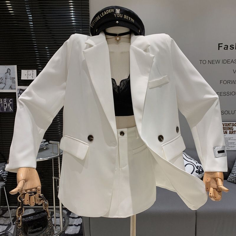 2023 Korean Fashion Lazy Style Loose Chic Blazer + High Waist Slimming A-line Bodycon Skirt Two-piece Set For Women_voghion.com