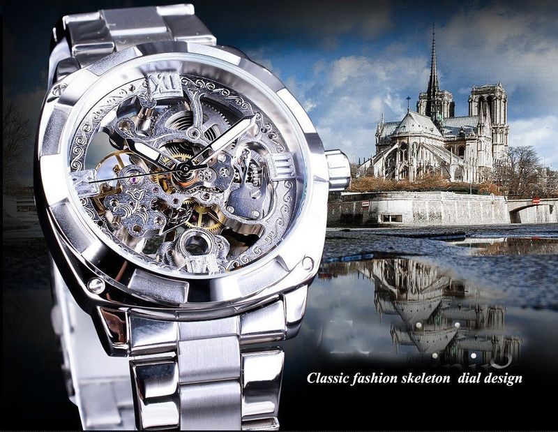 Montre mécanique automatique pour homme avec cadran squelette, style rétro, aiguilles lumineuses, étanche jusqu'à 30 m, bracelet en acier inoxydable_voghion.com