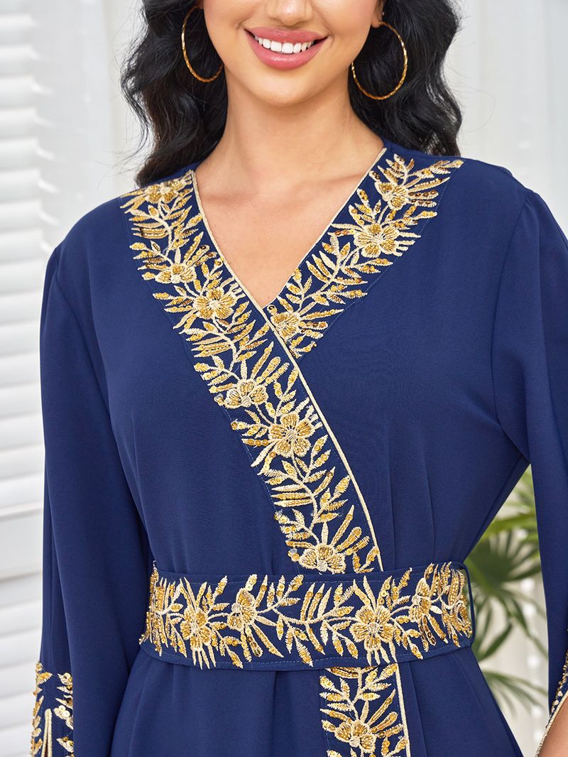 MT302 Muslim Abaya Women's Long Dress Dubai Robe New Beaded Gown With Waist Tie_voghion.com