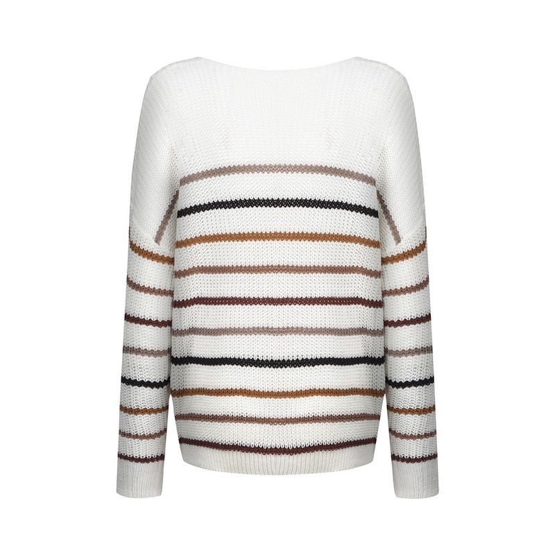 Maglione casual ampio lavorato a maglia con scollo a V a righe autunno inverno 2024 da donna_voghion.com