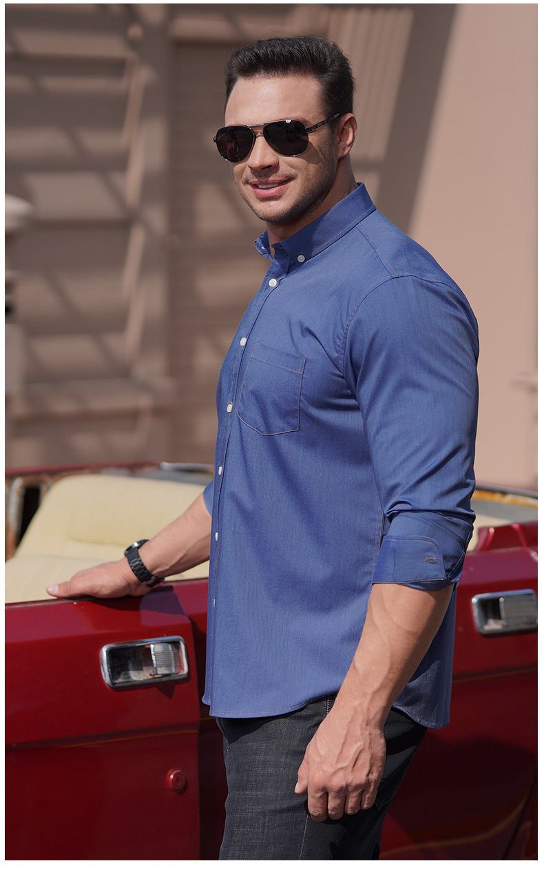 Herrenbekleidung Übergröße Langarmhemd Fat Brother Lockeres, lässiges Denim-Stretchhemd Plus Fat Big Fat Guy_voghion.com