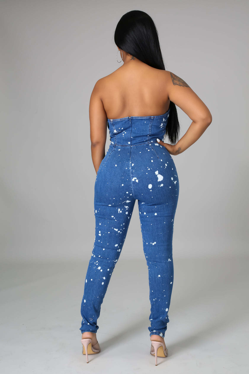 Combinaison en denim décontractée pour femmes, mode décontractée, point d'éclaboussure, couleur contrastée, décolleté, col licou, coupe cintrée_voghion.com