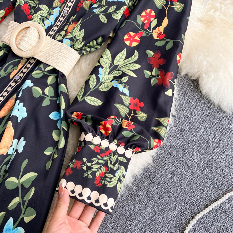 Abito da donna in stile palazzo retrò con cravatta in vita, girocollo, maniche lunghe, volant, gonna a trapezio in stile fata western_voghion.com