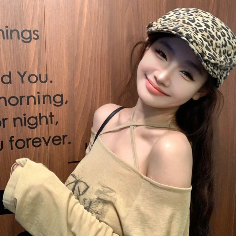 Spring And Summer New Women's Leopard Print Niche Forward Cap Personality Face Slimming Versatile Duckbill Beret_voghion.com
