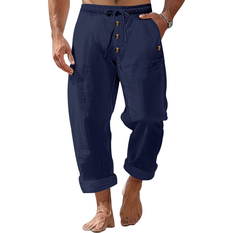Spring And Autumn American Beach Solid Color Cotton Linen Loose Drawstring Button Casual Pants For Men_voghion.com