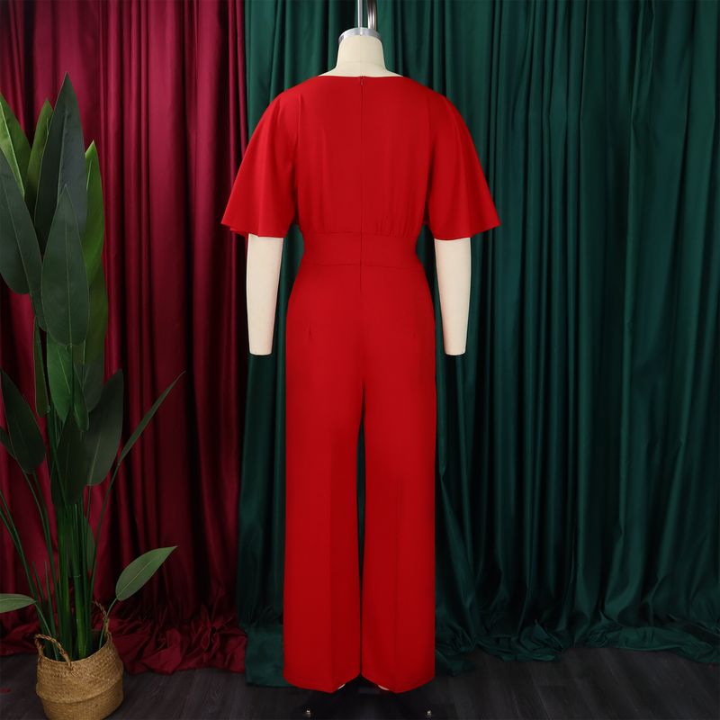 Roupas femininas moda verão feminina gola redonda cor sólida cintura alta tamanho grande perna larga macacão_voghion.com