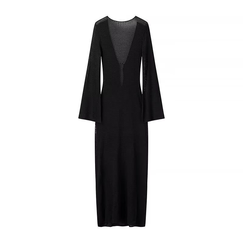 Robe longue à boucle et col en V pour femme, nouvelle collection automne/hiver 2024_voghion.com