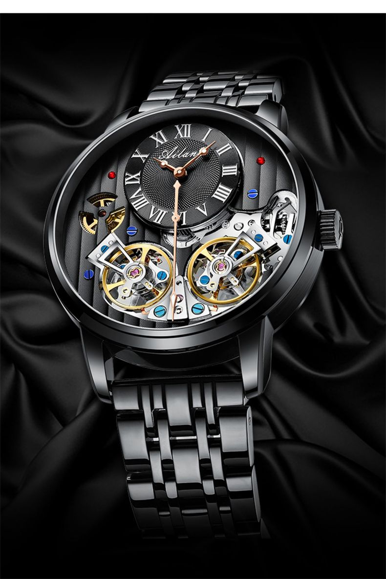 AILANG Mechanical Watch Men 30M Waterproof Automatic Watches Stainless Steel Skeleton Dial Luxury Double Tourbillon Watch Men_voghion.com