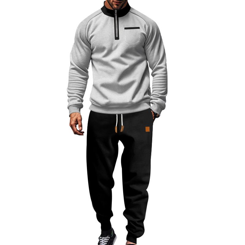 Tuta da uomo in pile con cerniera a un quarto, con cappuccio e pantaloni della tuta aderenti (bordeaux/nero/carbone/blu navy/grigio chiaro)_voghion.com