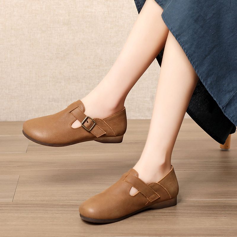 Scarpe casual da donna in vera pelle con punta rotonda, stile New Forest, estive 2025, pigre e piatte, modello primo strato, 2106-3_voghion.com