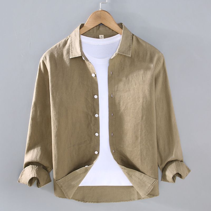 Camicia casual con risvolto da uomo in puro lino di alta qualità, primavera estate, stile oversize, ampia e versatile._voghion.com