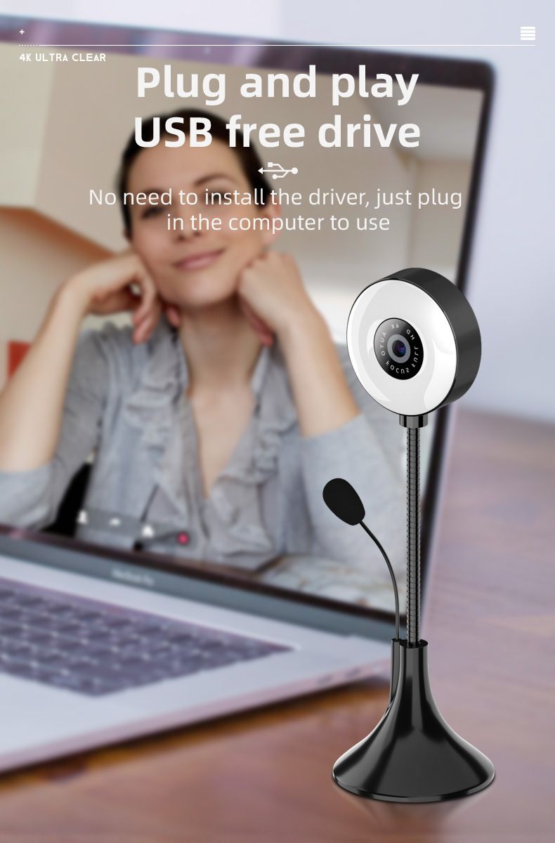 Webcam 4K con messa a fuoco automatica, luce di riempimento a LED e riduzione del rumore, telecamera USB Plug-Play per zoom/streaming/lezioni online, cuffie cablate gratuite incluse_voghion.com