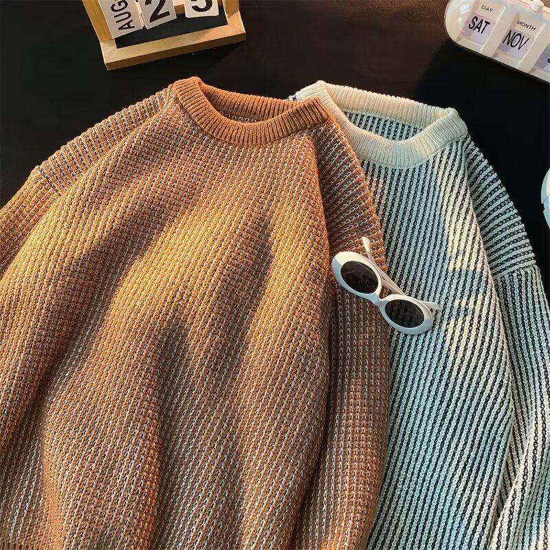 Men's & Women's Striped Knit Sweater - Casual Crewneck Pullover With Color Block Design, Soft & Breathable For Fall & Winter_voghion.com