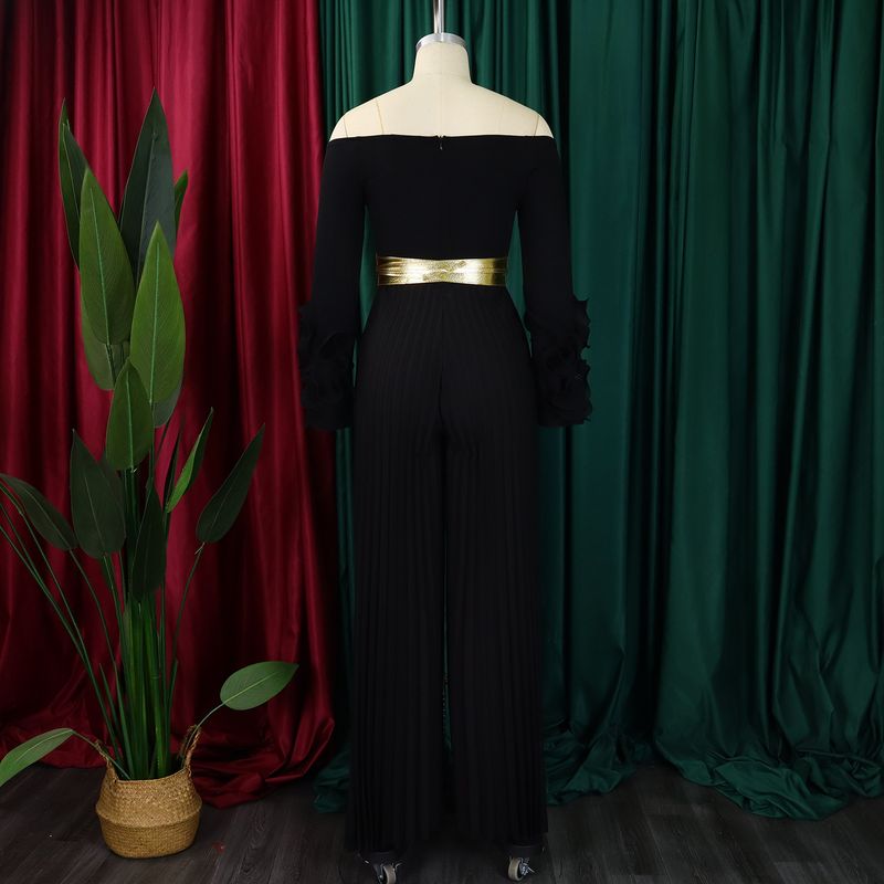Dameskleding Nieuwe mode Een schouder Ruffle mouw Effen kleur Geplooide wijde pijpen Jumpsuit_voghion.com