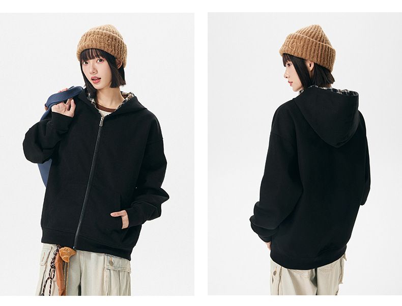 Felpa unisex con cappuccio e cerniera a quadri vintage - Pullover casual oversize per uomo e donna_voghion.com
