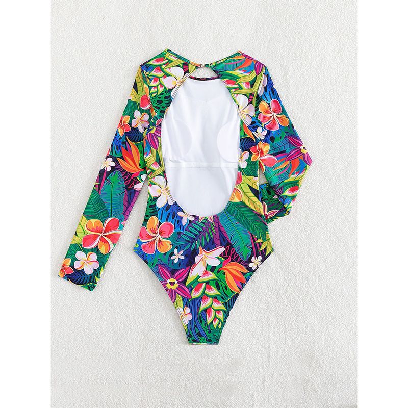 New Women's One Piece Swimsuit Long Sleeve Floral Print Backless Swimsuit Conservative Surfing Swimwear High Elasticity Polyester Spandex_voghion.com