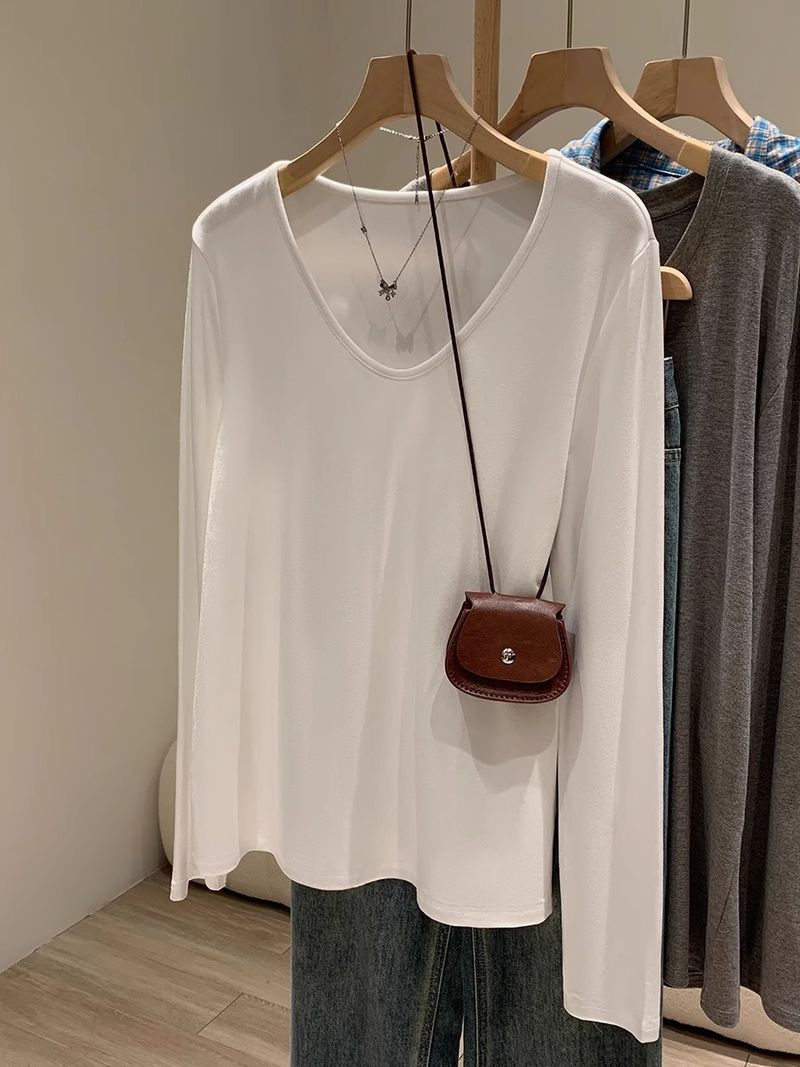 Maglietta bianca basic da donna, semplice maglietta tinta unita con scollo a V, scollatura a V, versatile manica lunga interna 2025 primavera_voghion.com