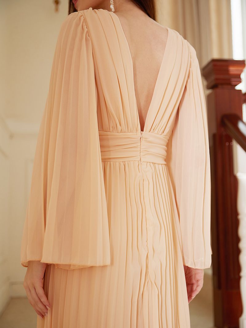 Robe de soirée longue élégante à col en V pour femme - Robe trapèze longue au sol avec volants, décolleté en V profond et manches longues pour banquet ou bal de fin d'année_voghion.com