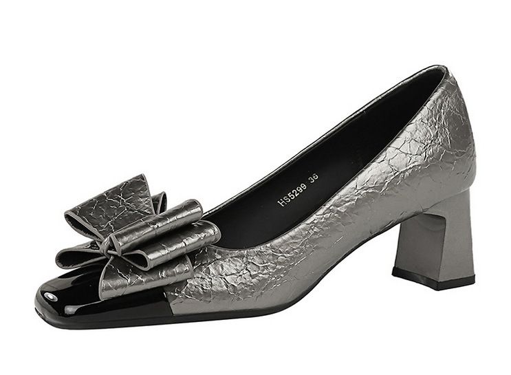 5299-H58 Koreanische mode frauen schuhe, dicken mittleren ferse, flach mund spleißen, platz farbe blockiert kappe, bogen,_voghion.com