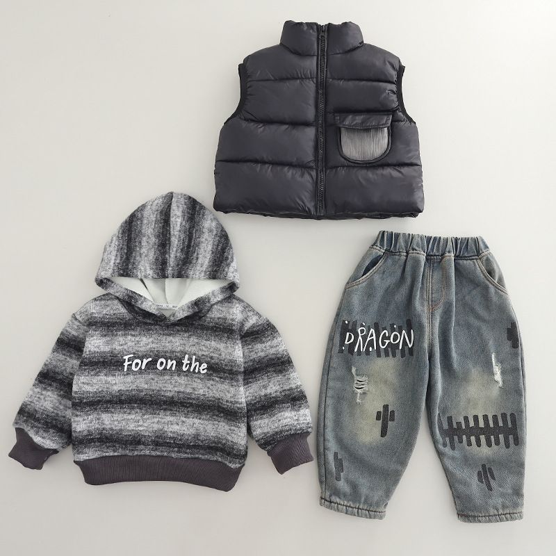 Nuovo ed elegante set invernale da tre pezzi con gilet spesso foderato in pile per neonati e bambini_voghion.com