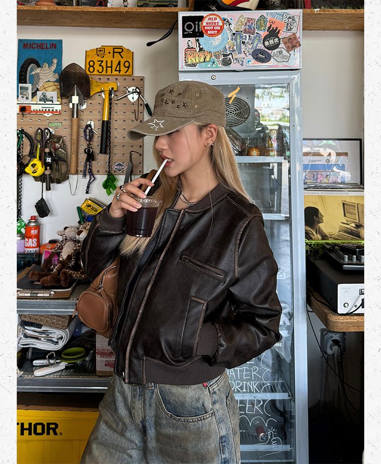 Veste de moto courte en cuir américain vintage fabriquée à la main pour femme, nouveau manteau Melad à manches longues, haut polyvalent_voghion.com