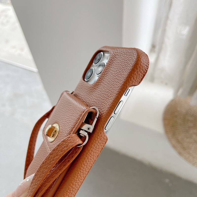 Mobile phone case lock card holder diagonally suitable for Apple 15pro max mobile phone case iPhone14 pebbled pattern protective cover_voghion.com