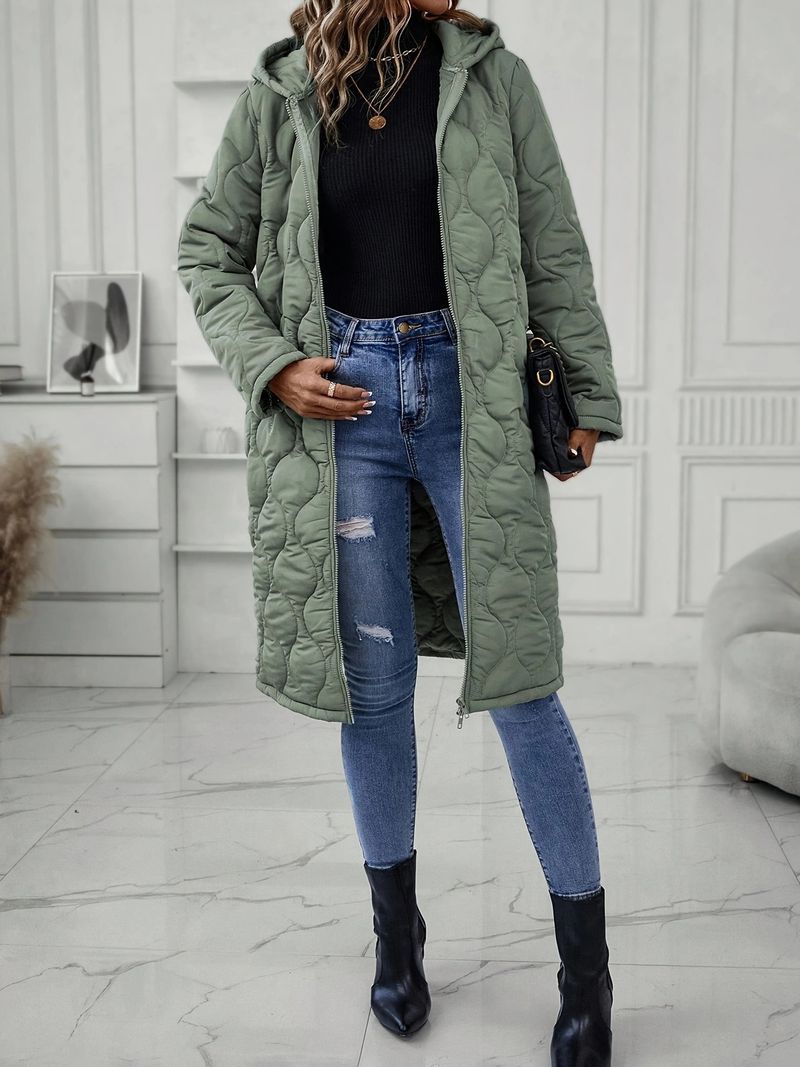 Giacca casual lunga da donna con cappuccio, imbottitura in cotone e poliestere, vestibilità ampia, cerniera frontale, tasche multiple - Nero, Cachi, Verde militare (S-XXL)_voghion.com