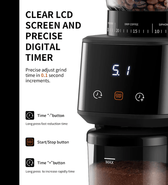 PSCG015 Electric Spice Coffee Grinder 31 Gear Control Powder Eye Touch Control Cone Electric Coffee Grinder Bean Bin 275g Powder Bin 100g LED_voghion.com