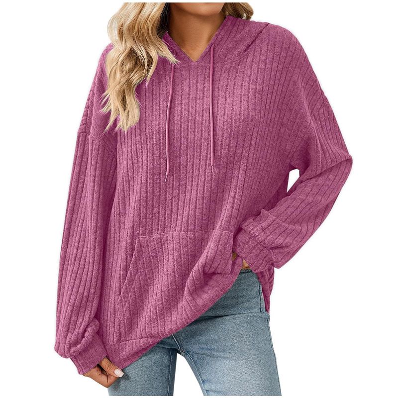 Felpa da donna con cappuccio e costine, nuova collezione autunno inverno 2025, tinta unita, manica lunga_voghion.com
