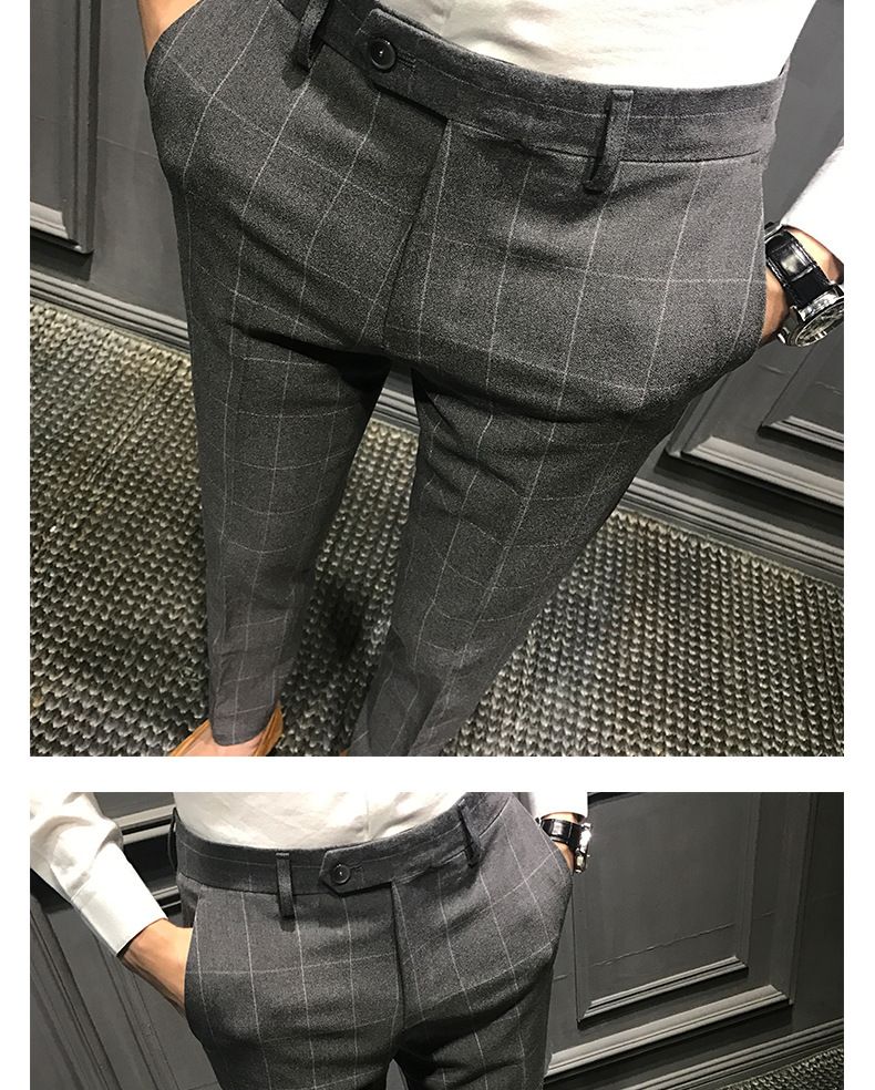 Herrenbekleidung Frühlingskarierte Freizeithose für Herren Slim Fit Skinny Hose Neun-Punkt-Hose Herrenhose Trendy Anzughose_voghion.com