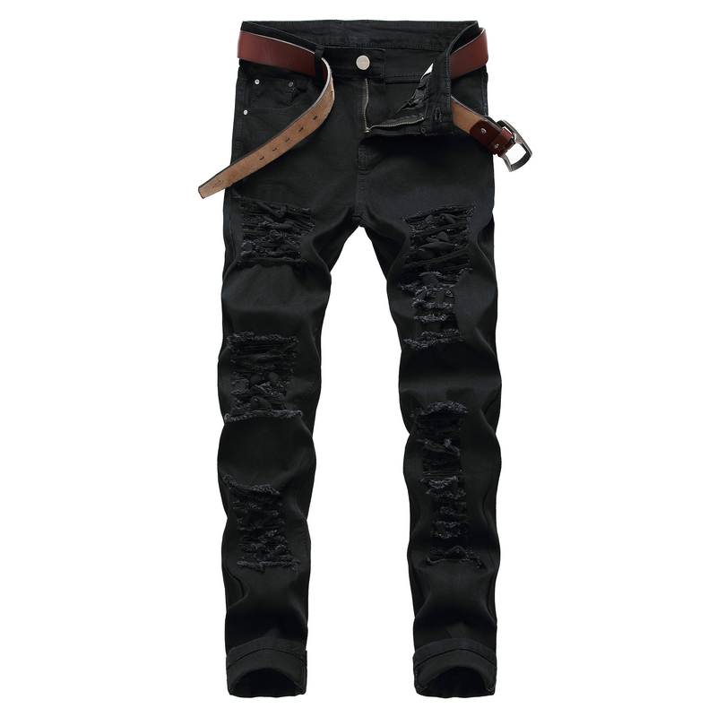 Jeans strappati in stile europeo e americano Jeans elasticizzati alla moda maschile Pantaloni con fori grandi_voghion.com