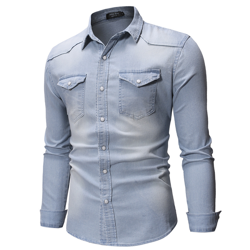 2020 Frühlingsmode Vier Jahreszeiten Modell Doppeltasche Herren Casual Langarm Jeanshemd 3011_voghion.com