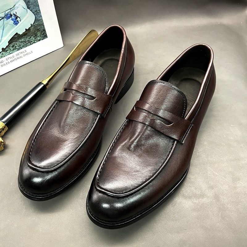 Euro Step Washed Craft Men's Slip-On Horse Loafers Small Leather Lazy Driving Shoes Breathable Comfortable_voghion.com