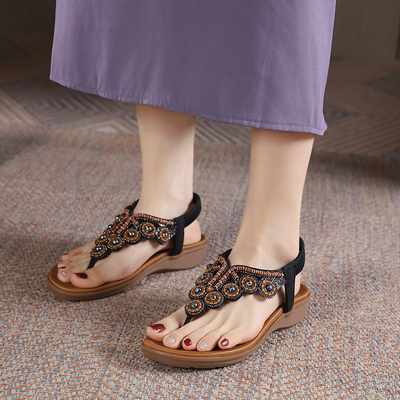 2024 Sommer Neue Damenschuhe im böhmischen Stil mit Sandwich-Perlen und Diamantschnalle im Wasserstil und Gummiband im elastischen Absatz_voghion.com