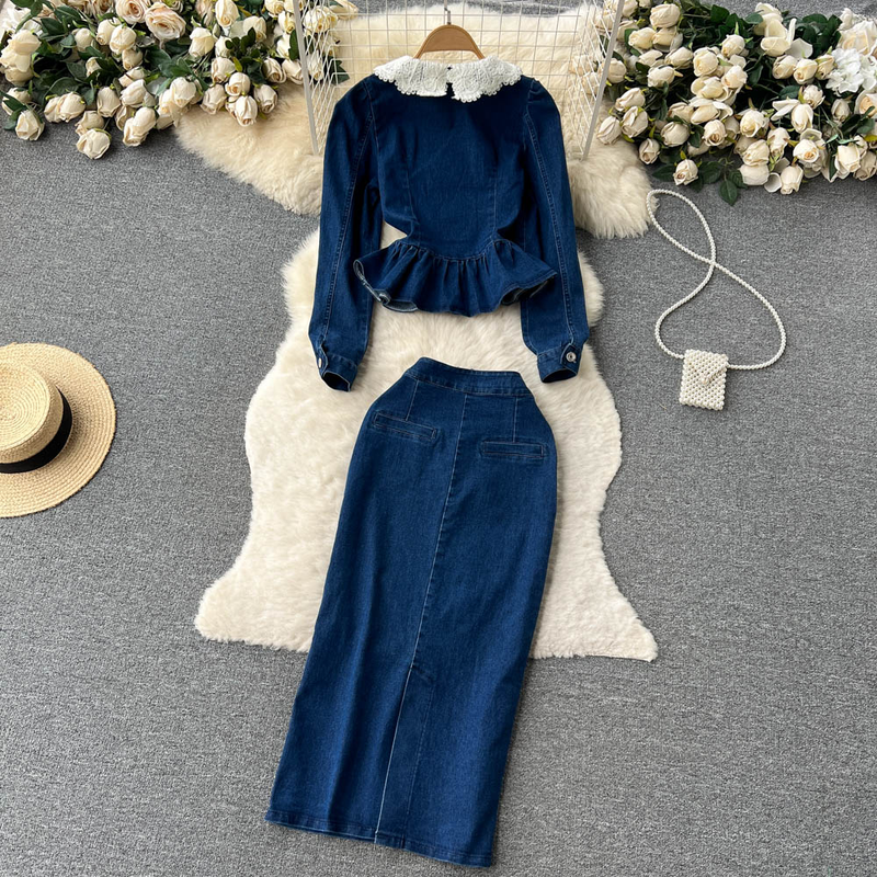 Women's Lace Doll Collar Denim Jacket + Medium-length Hip Skirt Two-piece Suit_voghion.com