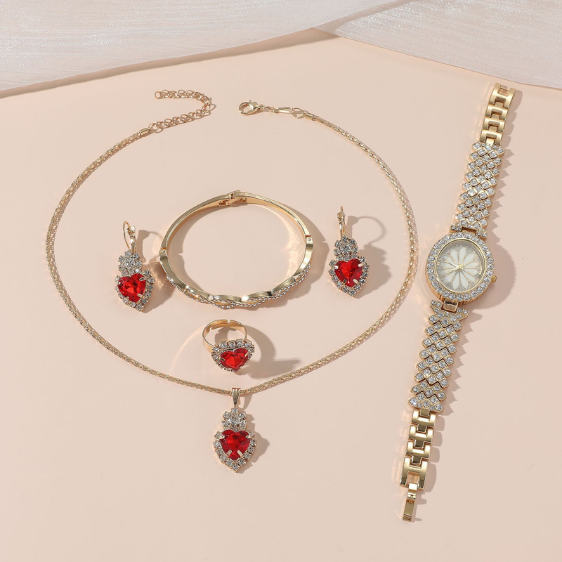 Nyt dameur med diamanter og Daisy-motiv + Diamantarmbånd + Rubinhalskæde + Rubinøreringe + Ring_voghion.com