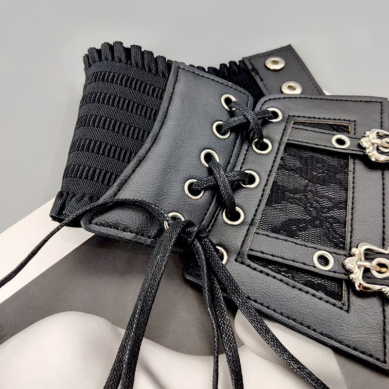 Cinture elastiche in pizzo di grandi dimensioni per le donne, larghe fasce elastiche, cintura da corsetto per abito punk gotico femminile, cintura marrone bianca_voghion.com