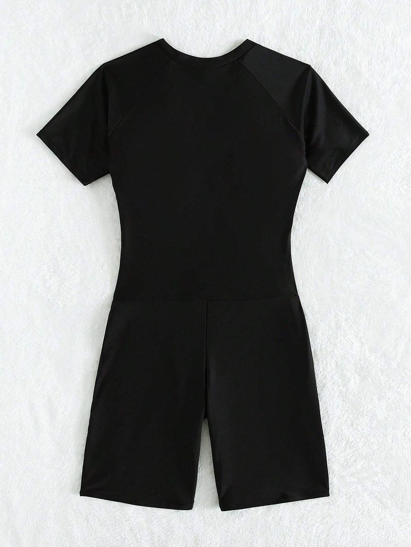 Maillot de bain une pièce noir à manches courtes et fermeture éclair pour femme, modèle de compétition européenne et américaine_voghion.com