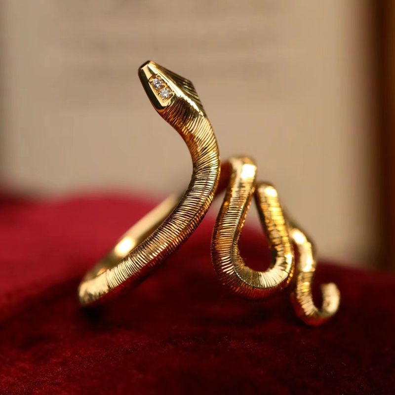 Gold-Plated Textured Vintage Style Wrapped Snake Shape Micro-Inlaid Adjustable Open Ring_voghion.com