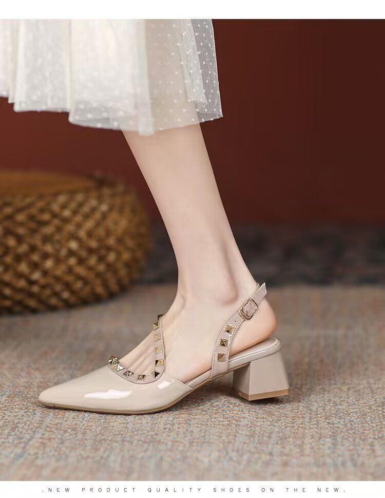 Women's 2025 Summer New Rivet High End Niche French Pointed Toe Thick Heel High Heels_voghion.com