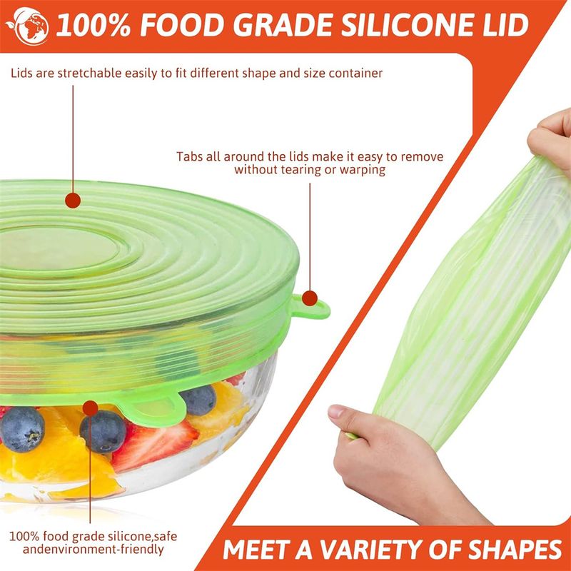 Lot de 6 couvercles de conservation en silicone de qualité alimentaire, réutilisables, hermétiques, universels, extensibles, ronds, pour accessoires de cuisine_voghion.com