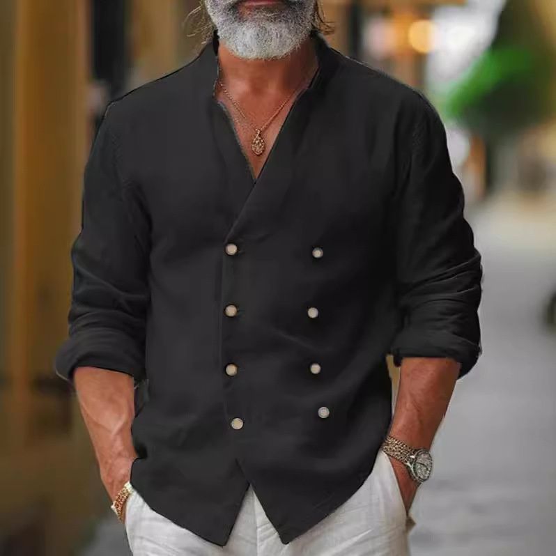 Pulse European And American Style Men's Plus Size Double-Breasted Home Casual Fashion Stand Collar Shirt Cotton Linen Long_voghion.com