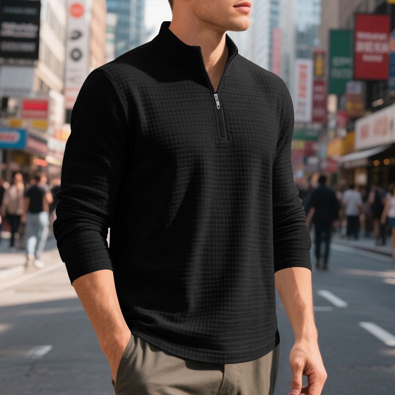 Felpa con cappuccio e mezza zip da uomo, modello primavera e autunno, a quadri piccoli, 2024_voghion.com